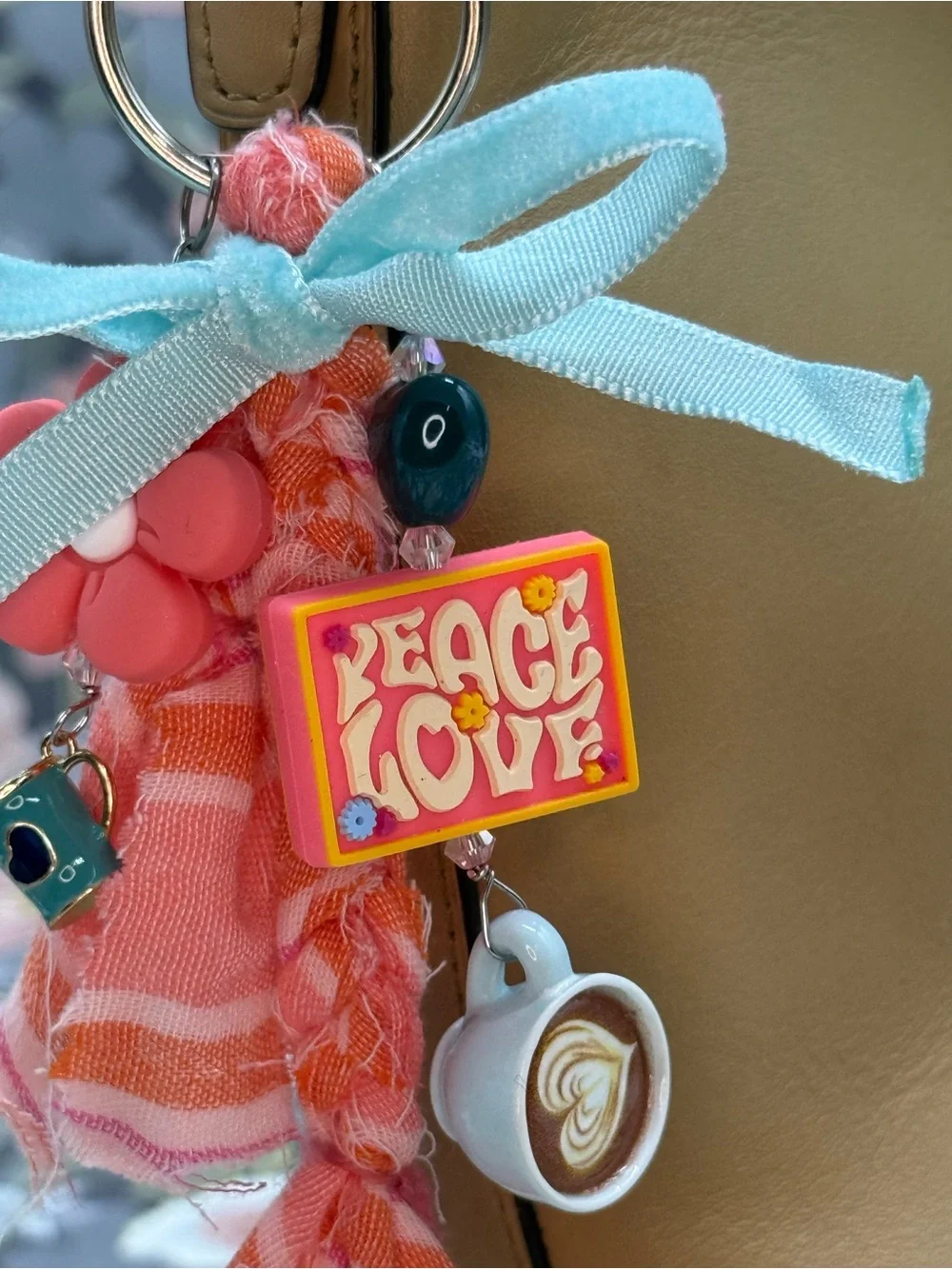 👑Adorned Crown Jewelry purse bag charm keychain peace love coffee fabric tassel